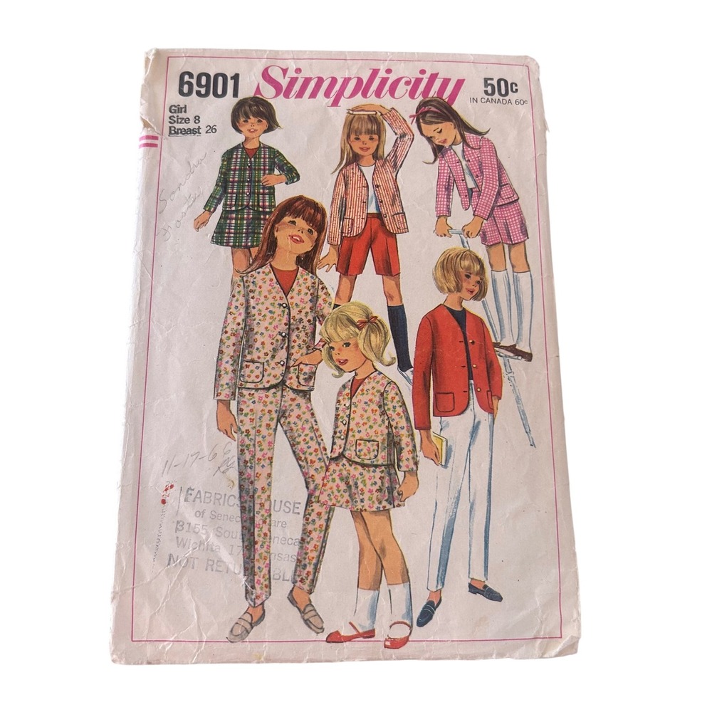 Simplicity 6901 Sewing Pattern Girls Size 8 Pink Jacket Skirt Pants Vintage 1966